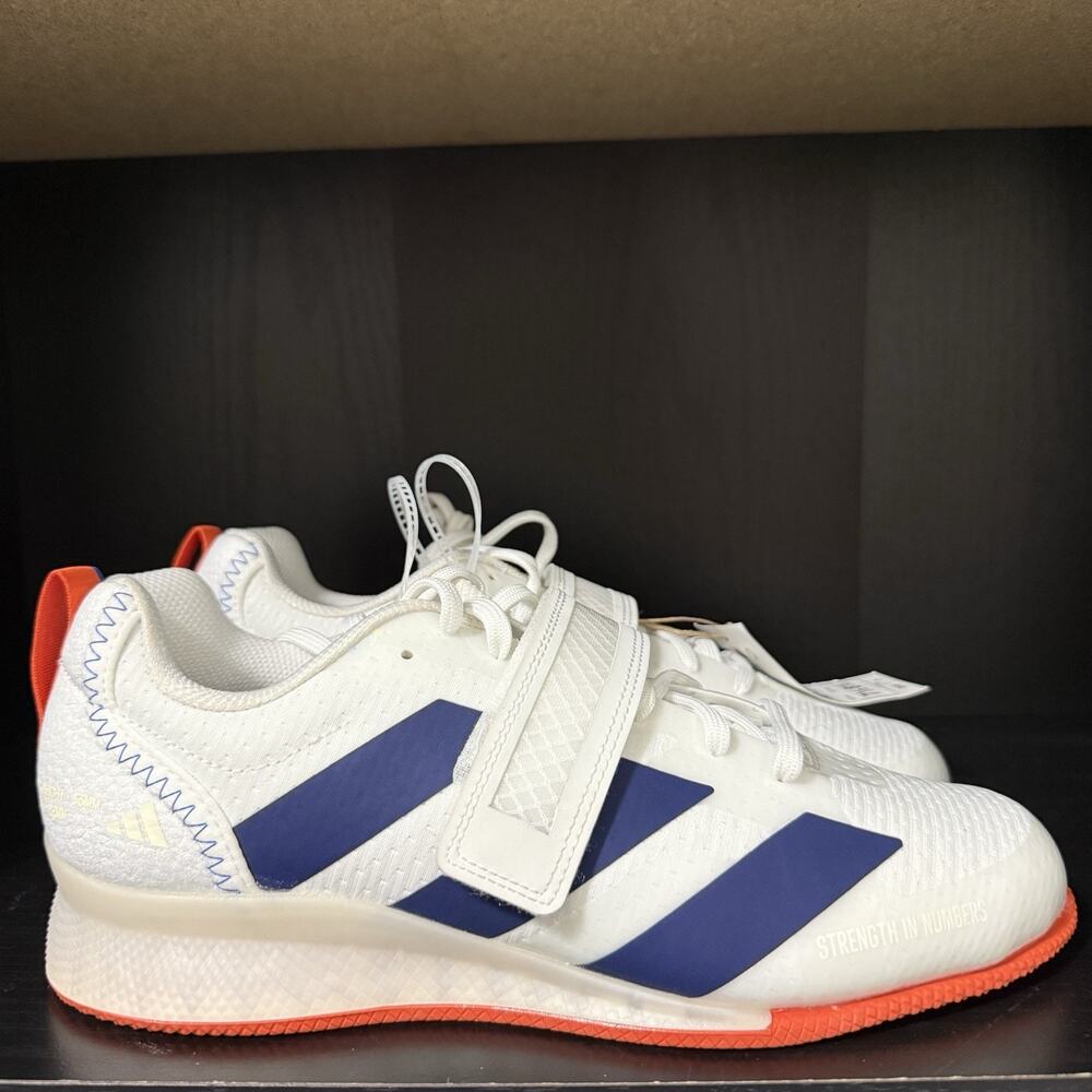 NEW Adidas Adipower III Weightlifting Men's Strap White/Blue/Orange Size 7.5 M